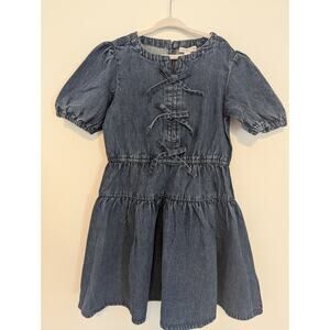 Crewcuts Girls Denim Dress Size 7 Puff Sleeve Bow Front Tiered NWT